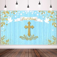 God Bless Baptism Backdrop 71x43 inch Blue Gold First Communion Photo Prop