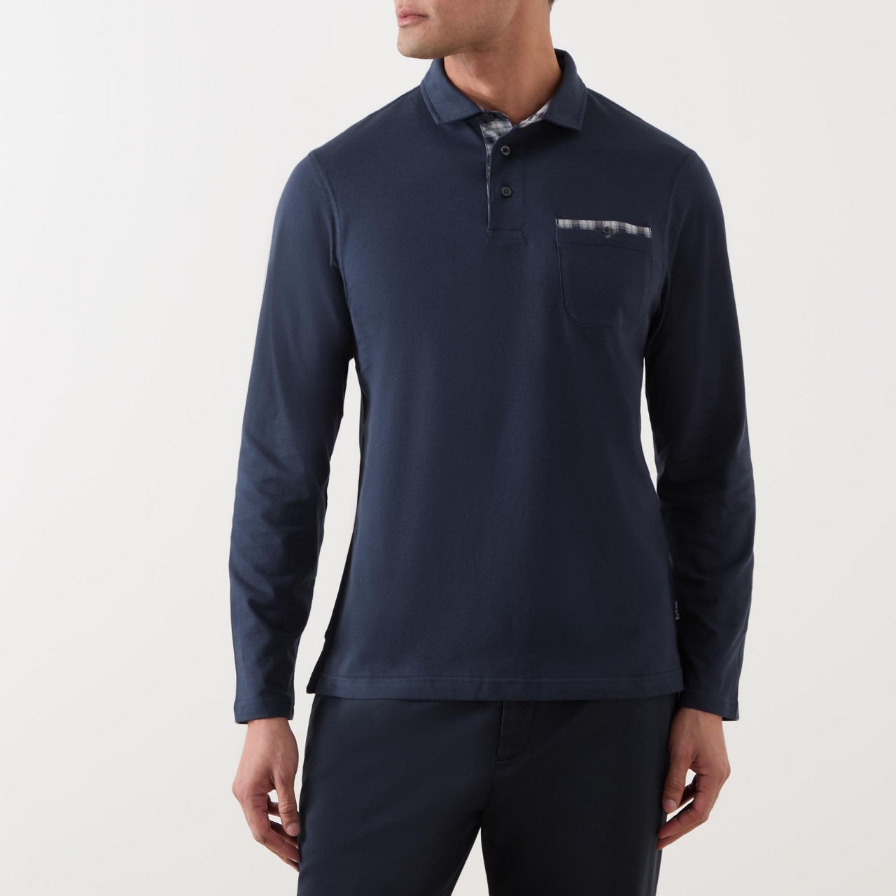 BARBOUR Corpatch Check Pocket Long-Sleeved Polo Shirt Navy Blue Granite XXL
