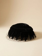 Vintage Black Velvet Veiled Pillbox Hat 1950s Cocktail Hat Mid Century