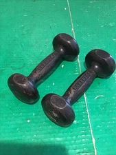 Lot of 2 VTG ROBERTS  5lb Cast Iron Dumbbells Strongman w/ Flat Edge Non-Roll