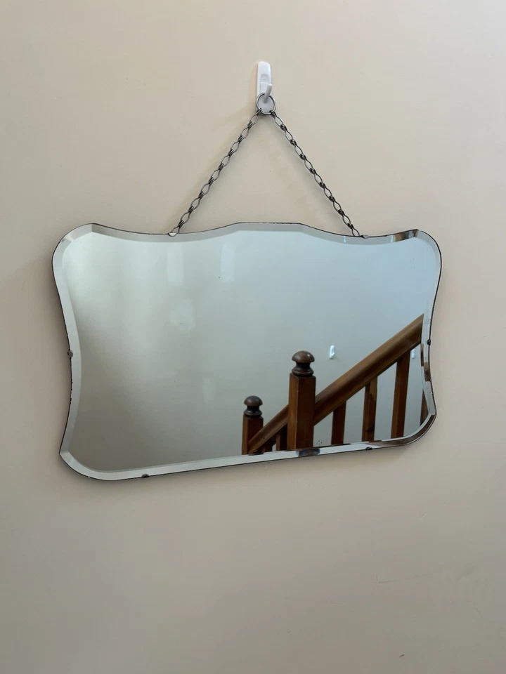 Vintage Wall Mirror with Chain, Vintage Frameless Mirror - Image 3 of 4