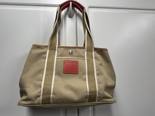 Coach Hampton Tan Nylon Leather Weekender Salmon Handles Medium Tote - READ
