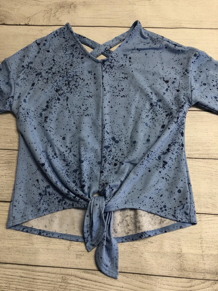 Amy Byer Shirt Girls Medium 10/12 Blue Splatter Tie Front X-Back Short Sleeve - Image 2 of 4