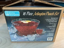 Vintage Anchor Hocking Arlington Punch Bowl Set Includes 8 Cups Ladle And Hooks