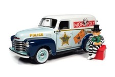 1948 CHEVY PANEL POLICE VAN W/ MR. MONOPOLY FIGURINE 1/18 scale DIECAST CAR 