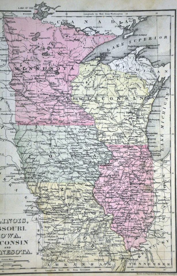 Mapa Mitchell 1888 Estados Unidos Illinois Missouri Minnesota Wisconsin Iowa EE. UU. Foto 3 de 3