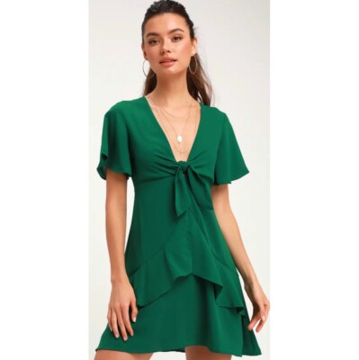 LULUS Green Tie-Front Ruffled Skater Mini Dress Size M