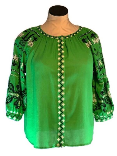 Crown & Ivy Green With Blue & White Embroidery Button Up Long Sleeved Shirt
