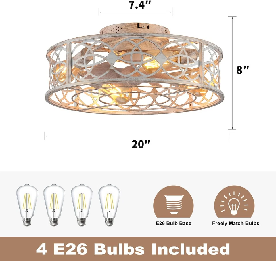 20"Caged Ceiling Fans with Lights Remote Control Industrial Low Profile Flush Mo - Image 4 of 4