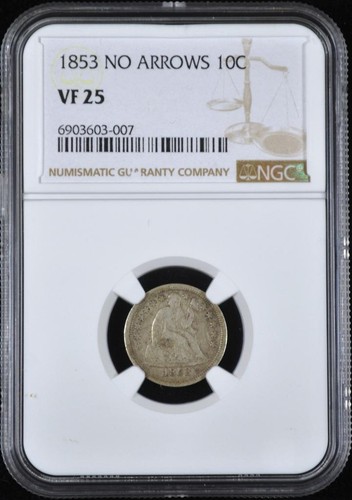 1853 No Arrows Seated Liberty Dime VF25 NGC