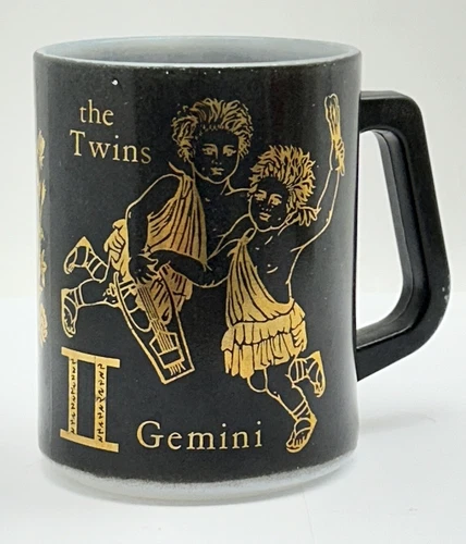Vintage Federal Milk Glass Gemini Zodiac Sign Coffee Mug Cup Black & Gold
