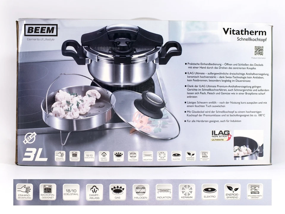 BEEM Vitatherm Schnellkochtopf Set 3L – Edelstahl, Antihaft für alle Herdarten