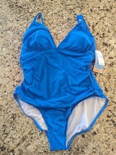 Swim Solutions Women's Tummy-Control Plunge Mio One-Piece Swimsuit Copen Blue 18