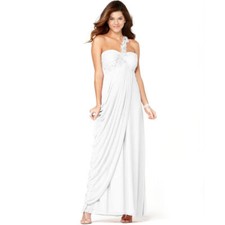 Xscape Embellished Shoulder Strap Draped Mesh Gown Sz 6 White