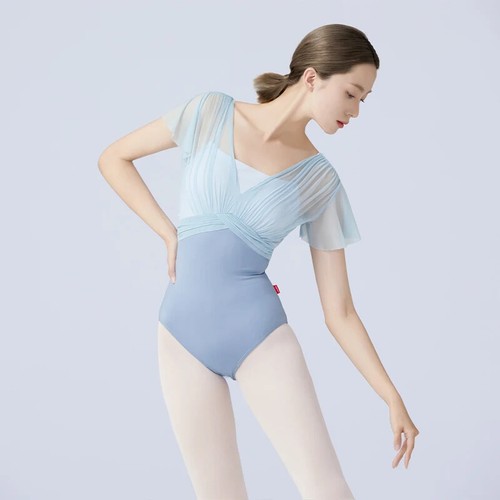 Women Ballet Leotards Dance Leotard Short Sleeve Pleats Ballet Fake Two Piece - 第 4/27 張圖片