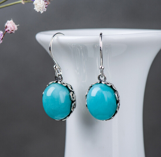 T09 Earrings Amazonite Amazon Stone Blue Turquoise Oval 925