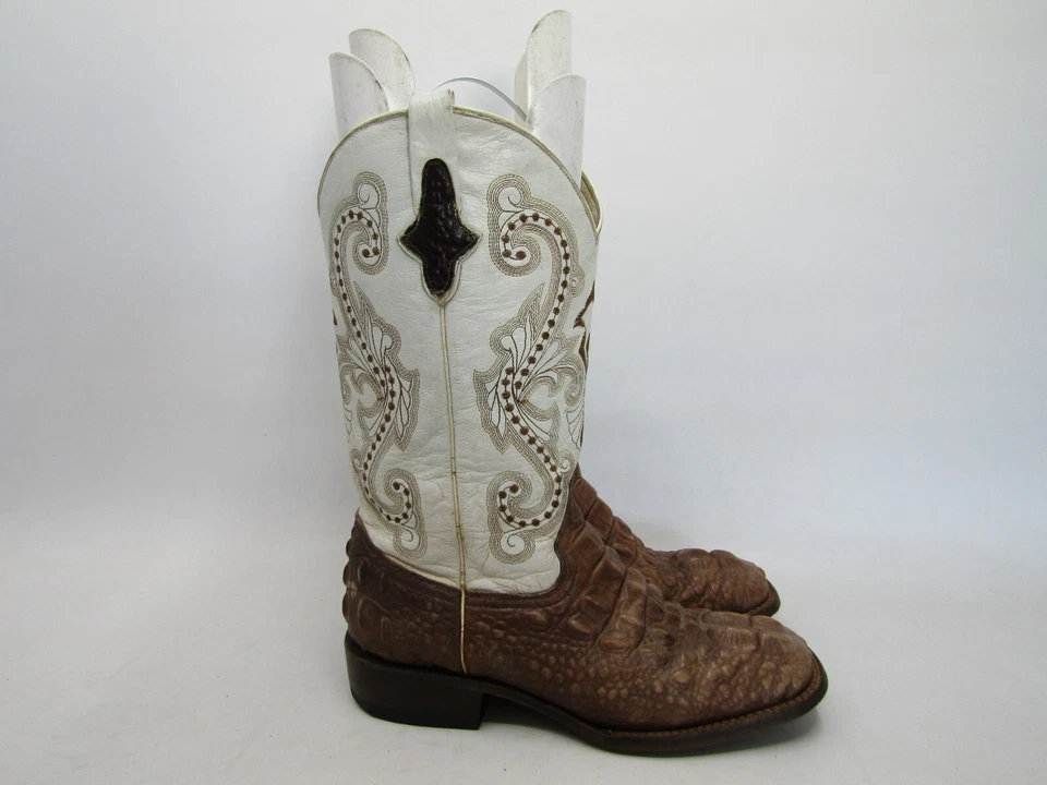 Botas vaqueras Ferrini para mujer talla 9 B blancas marrones de cuero estampado exótico Foto 3 de 4