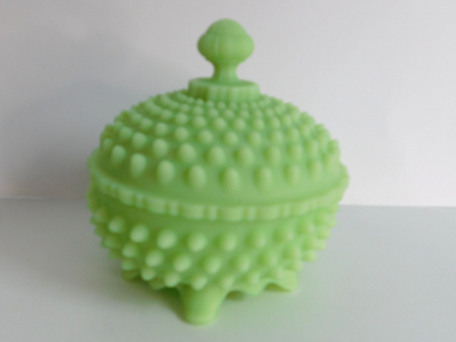 Rare Vintage Fenton Lime Green Custard Hobnail Uranium 6 Footed Bowl GLOWS!