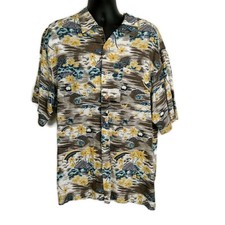 Original Island Sport Mens sz L Hawaiian Shirt Button Up Short Slv Gray Yellow