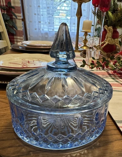 Indiana Glass Co. Round Depression Candy Dish Diamond Princess Ice Blue Pattern