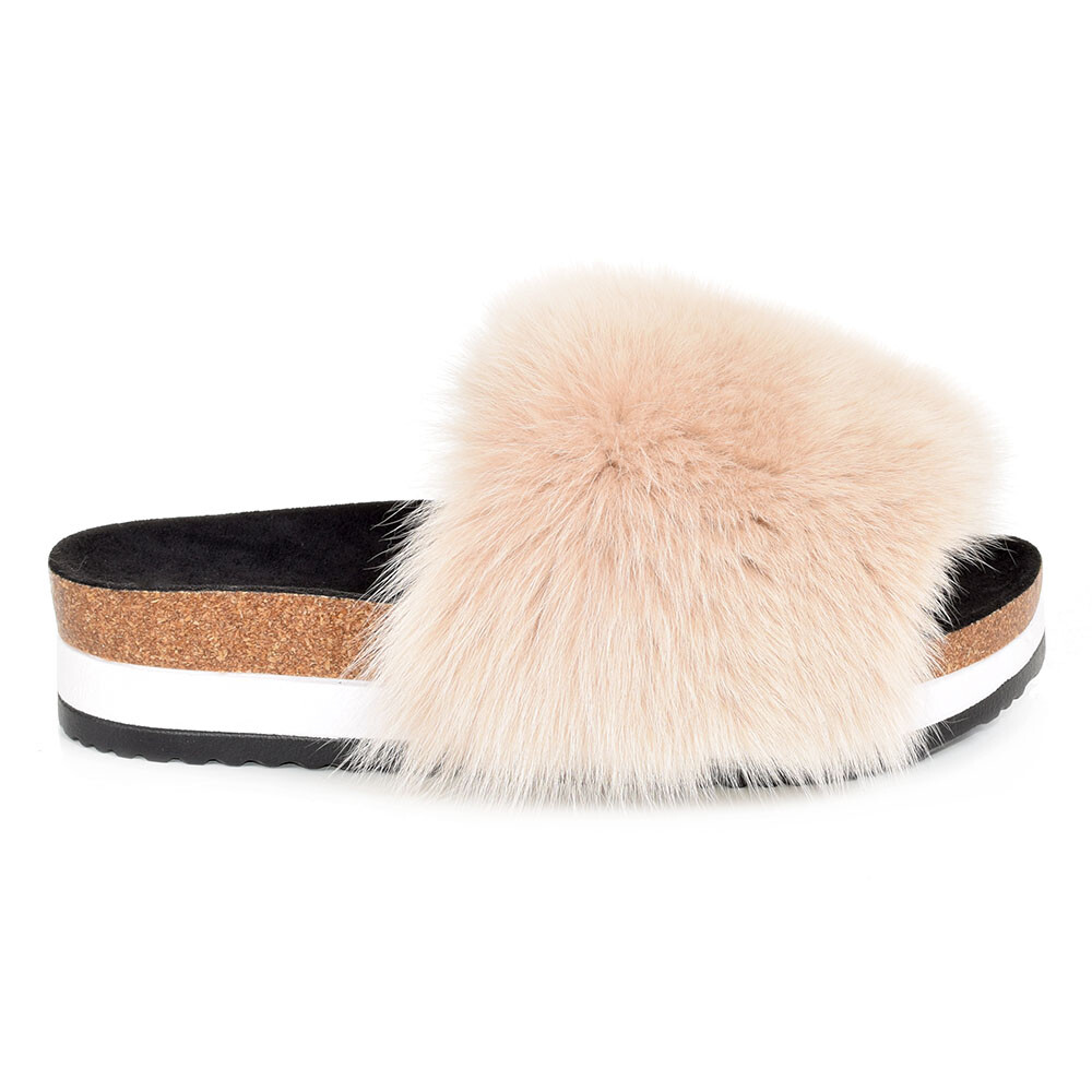 SAOLA Platform Slides with Beige Fox Fur High Sole Slippers With Fur Slip On Sandals
