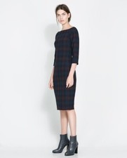 ZARA Blue Red Plaid Check Tartan 3/4 Sleeve Fitted Dress Sz XS Never Worn EUC