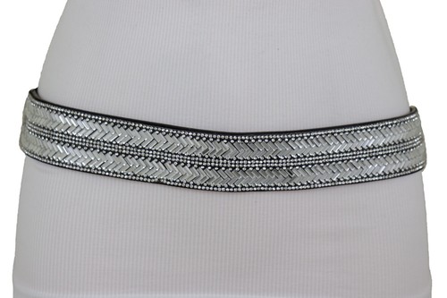 Women Fashion Black Elastic Elegant Stylish Belt Silver Rhinestones Fit Size S M - Picture 6 of 12