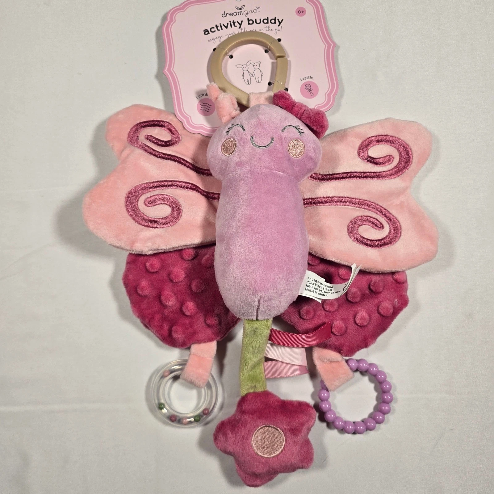 Dreamgro Activity Buddy Plush Butterfly Baby Travel Toy Rattle Crinkle Teether