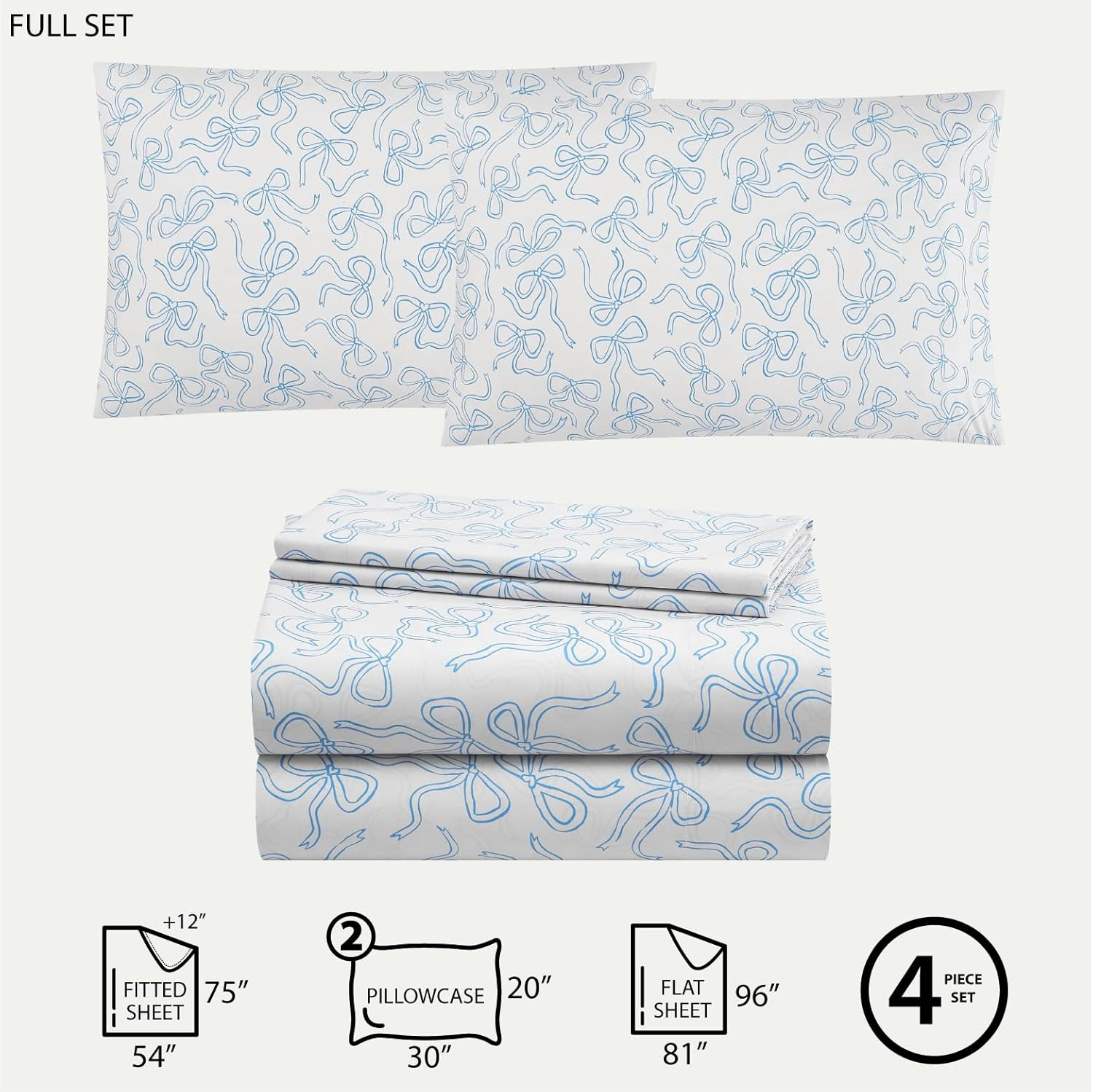как выглядит 4-Piece Full Sheet Set,Coquette Bow Design in Baby Blue, Includes Fitted Sheet, фото
