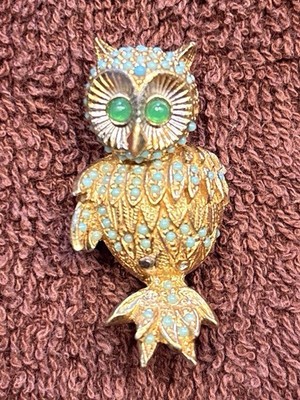 Vintage Ciner Owl Brooch Gold Tone with Turquoise Stones