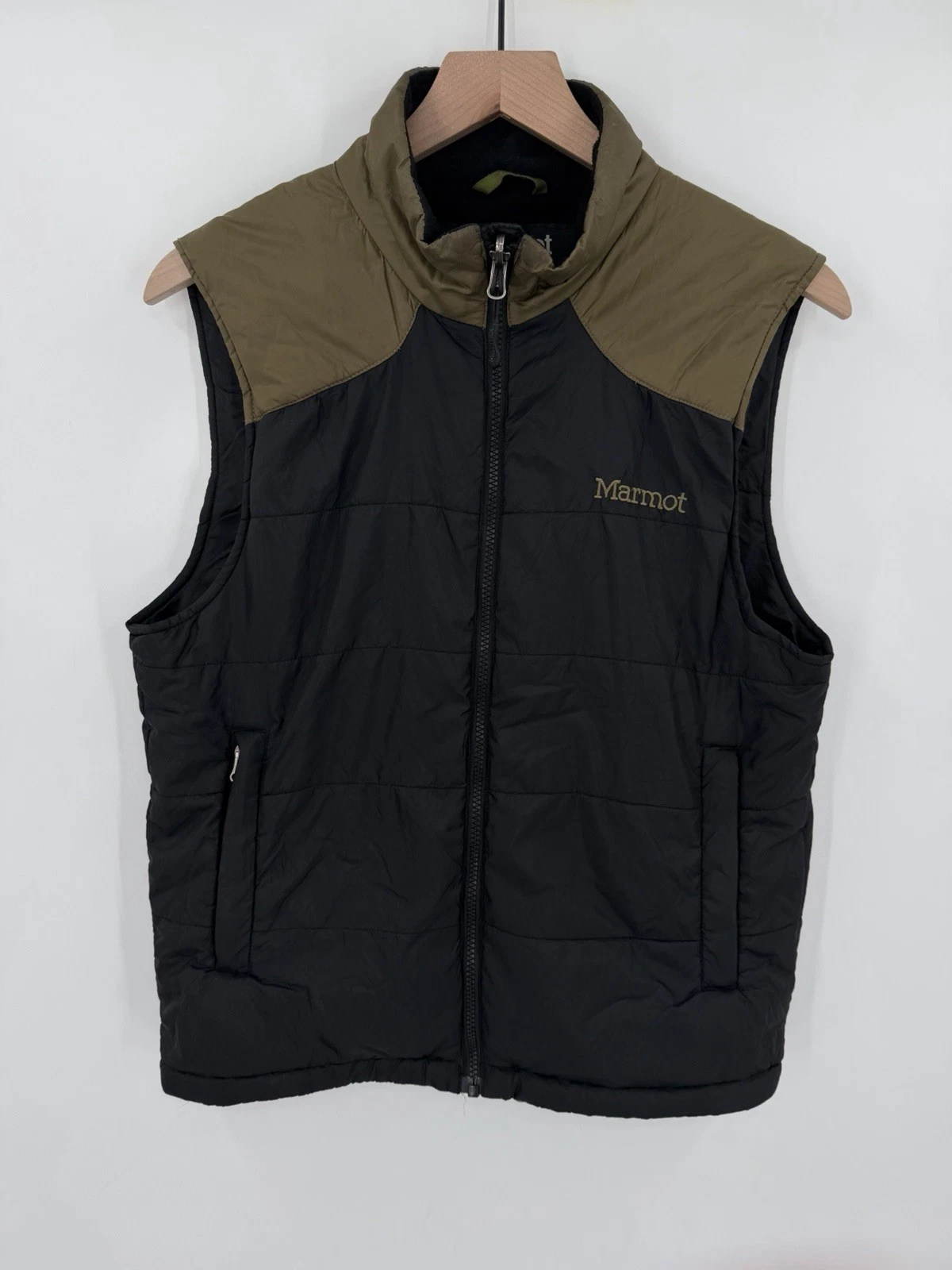 Marmot Puffer Vest Mens Small Green Black Lightweight Full Zip Hiking Outdoors