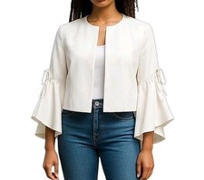 Vince Camuto Blazer Size 4 Ivory Lace Up Dramatic Tiered Ruffled Sleeves Cropped