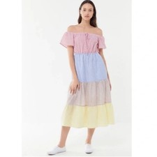 Urban Outfitters Off Shoulder Multi Seersucker Stripes Midi Dress - Small
