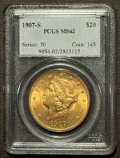 1907-S $20 GOLD LIBERTY DOUBLE EAGLE Classic Coin Graded by PCGS MS62 : 10620