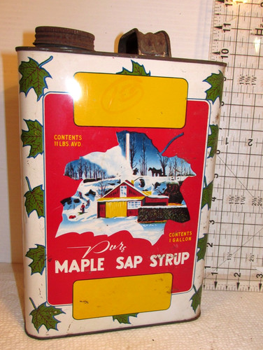 Vintage 1 Gallon Tin Litho Maple Sap Syrup Tin Colorful With Recipes - Used