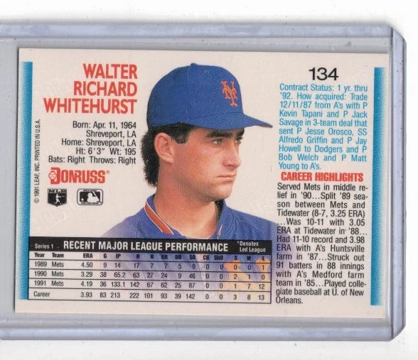 1992 Donruss #134 Wally Whitehurst - Mets - Image 2 of 2