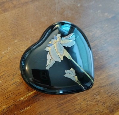Mid-Century Japanese Ceramic Heart-Shaped Trinket Box w/ Painted Iris Flower