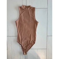 Women's Ribbed Mock Neck Sleeveless Bodysuit Tan Nude Stretch Snap Closure