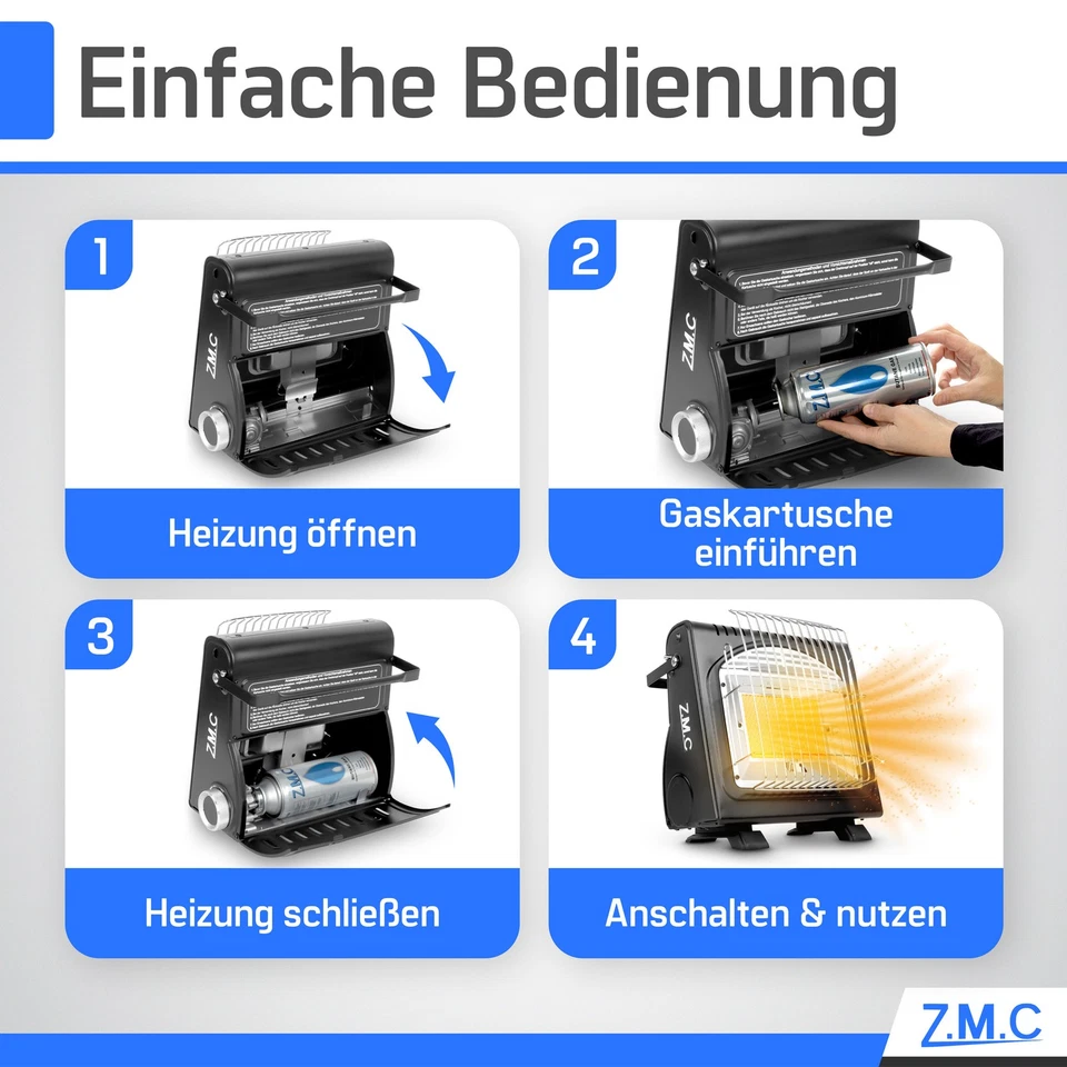 ZMC 2in1 riscaldamento a gas da campeggio 1,7kW fornello a gas portatile selezionabile 227g cartucce gas - Immagine 4 di 4