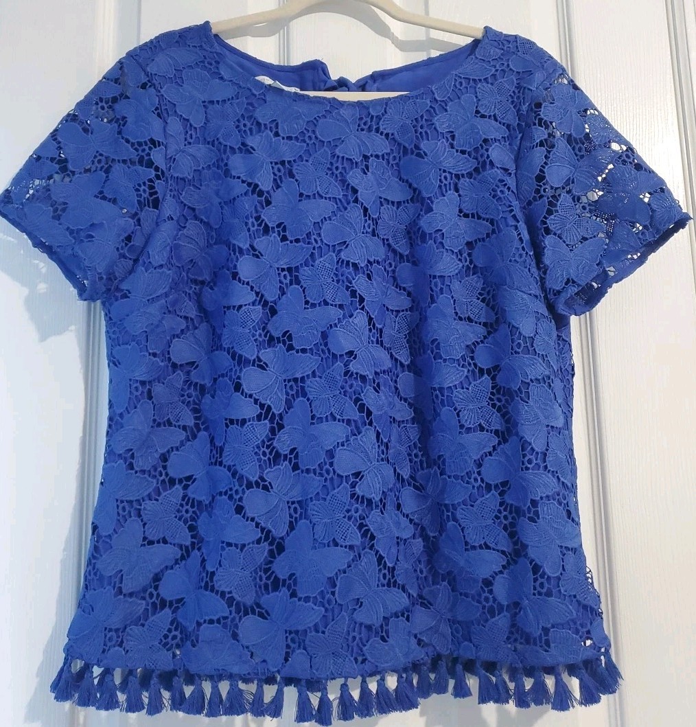 rsvp by Talbots Blue Butterfly Lace Women's Top Tassel Hem Tie Back Short Sleeve
