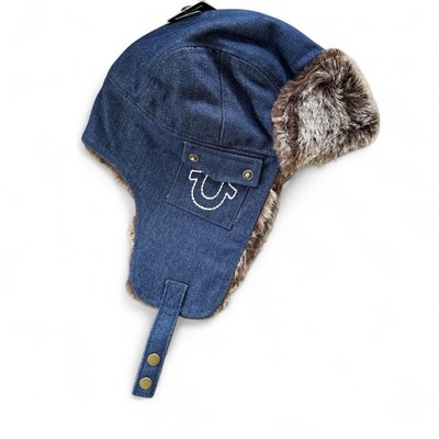 True Religion Winter Ski Trapper Hat Fur Blue Denim Cap Horseshoe