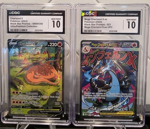 Mega Charizard X ex 2025 Black Star Promo 23 & 2022 SWSH260 V Promo CGC 10