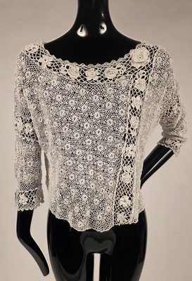 EDWARDIAN FLORAL IRISH CROCHET LACE BLOUSE W LACE SCALE FLORAL