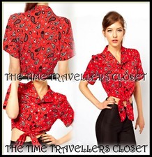 Fred Perry Amy Winehouse Red Paisley Bandana Crop Tie Blouse Shirt UK 14 42 10