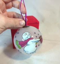 Li Bien Snowman Tipping Top Hat Hand Painted Glass Ornament With Box B2