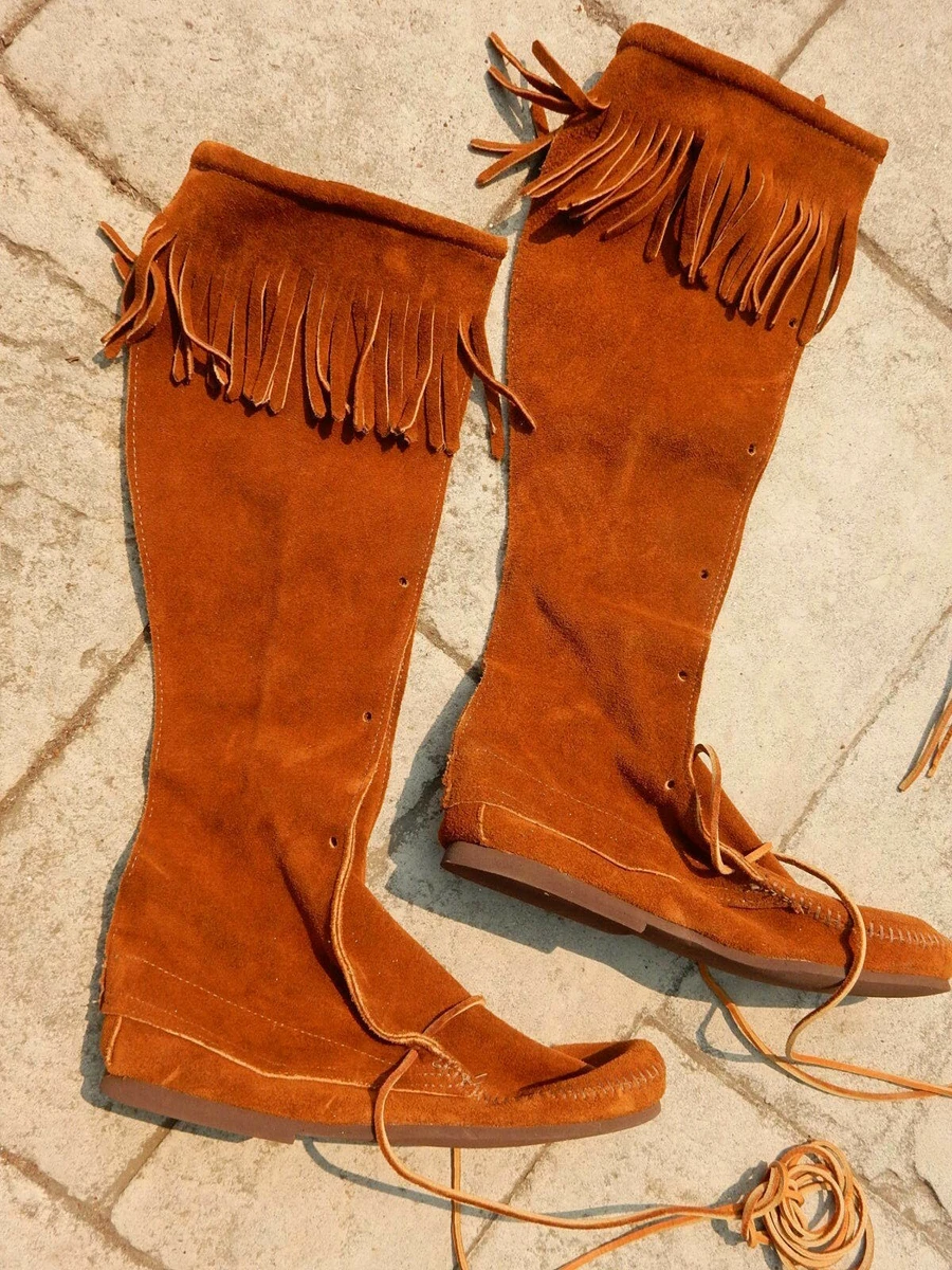 Tall fringe sales moccasin boots