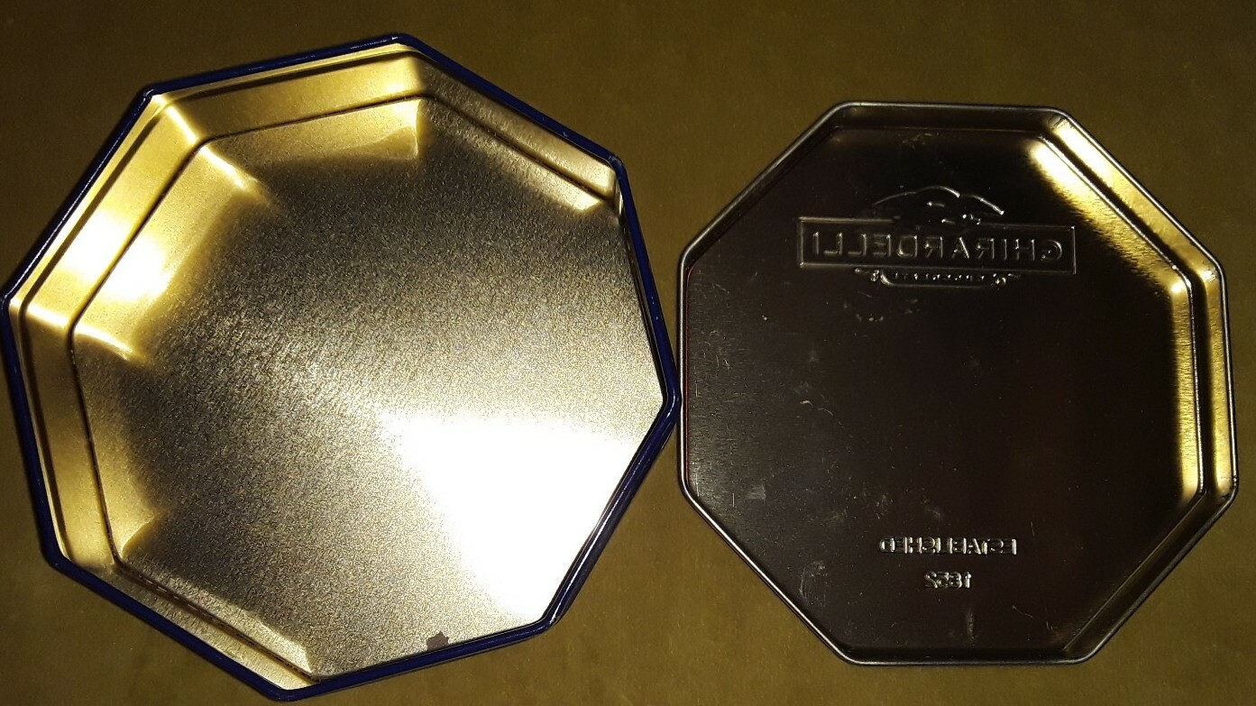 Ghiradelli Chocolate Tin, Octagonal, Navy/Gold, Approx. Approx 5" 