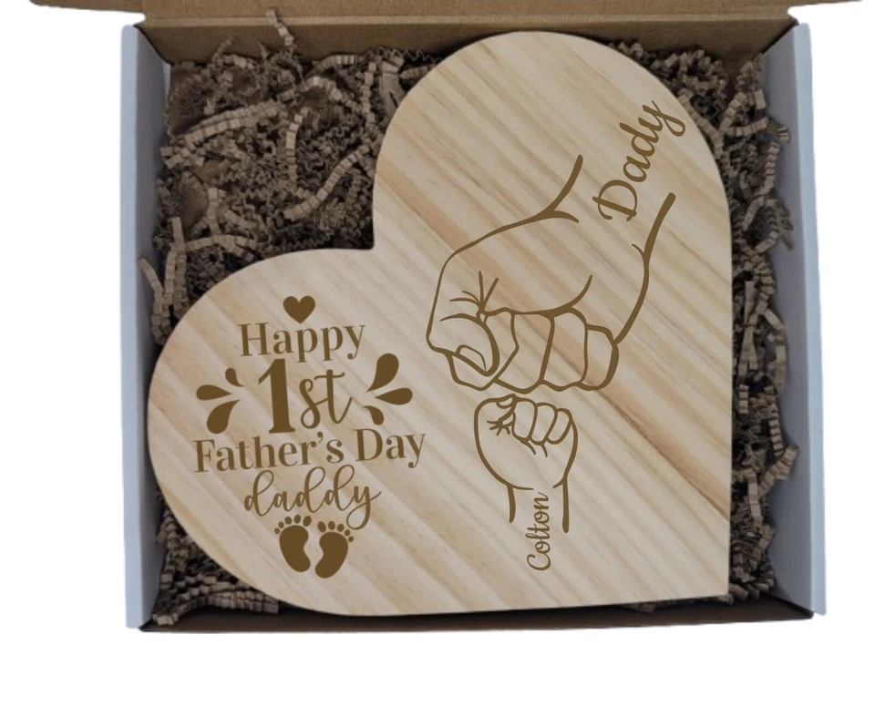 Pesonalized First Fathers Day Heart Wooden Plaque 9" Gift Dad Kid Hand Fist Bump - Image 4 of 4