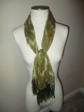 Ladies Green Leaves Sheer 100 Silk Fringed Scarf