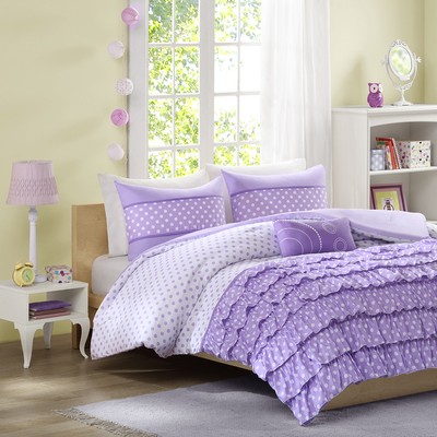 Beautiful Cozy Ruffle Purple Lavender Polka Dot Comforter Set Full